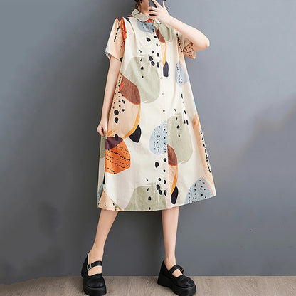 XITAO Print Casual Dress Loose Short Sleeve Temperament Artistic Fashion Women Slimming Summer Medium Length Dress DMJ4073