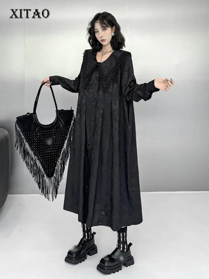 XITAO Lace Patchwork Turn-down Collar Dresses Single Breasted Solid Color Temperament Loose Shirt Dress 2024 Autumn New HQQ2411