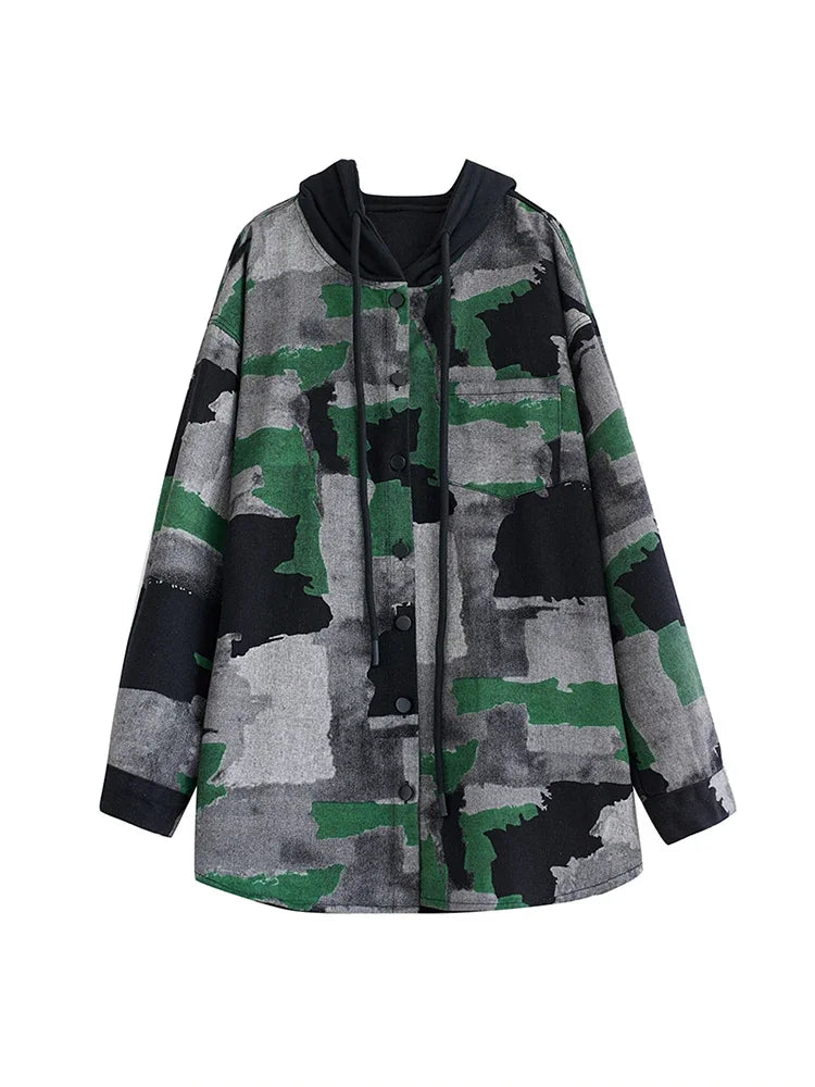 XITAO Camouflage Hooded Single Breasted Jackets Long Sleeve Vintage Loose Fashion Slimming 2024 Spring New Casual  LYD1477