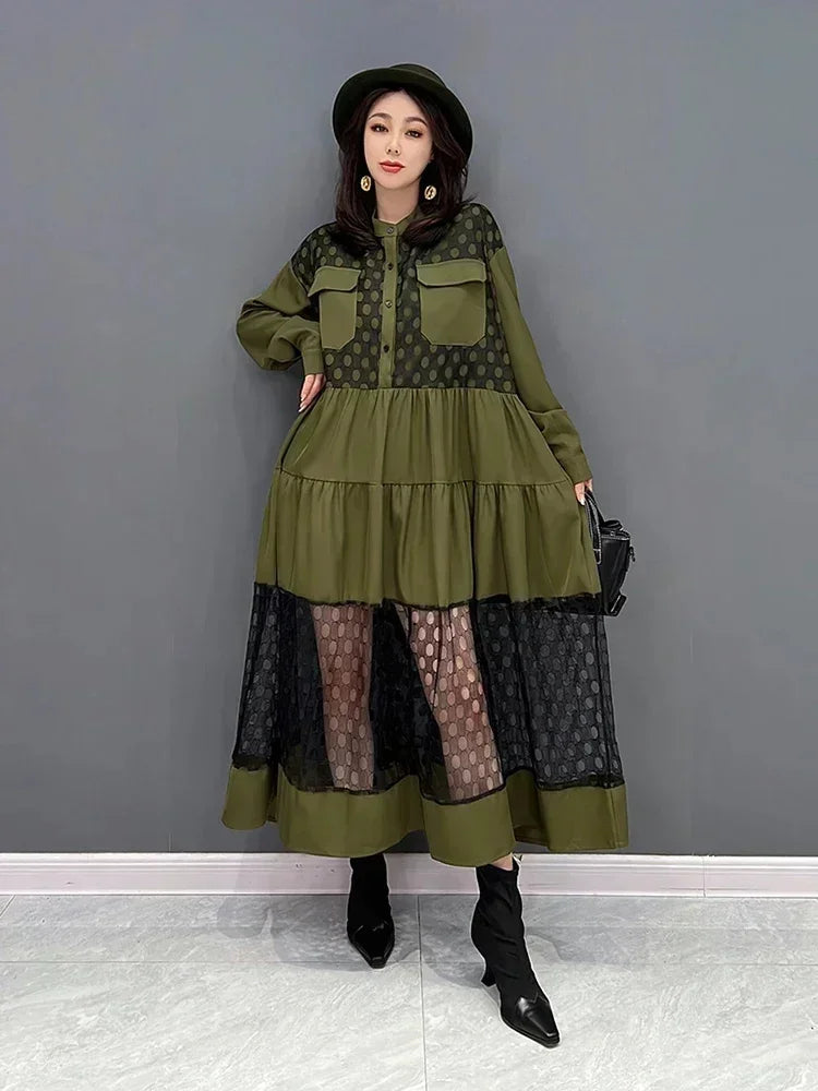 XITAO Fashion Mesh Patchwork Dress Loose Fashion Contrast Color Perspective Dot Pattern Lace Stand Collar Shirt Dress ZY7438