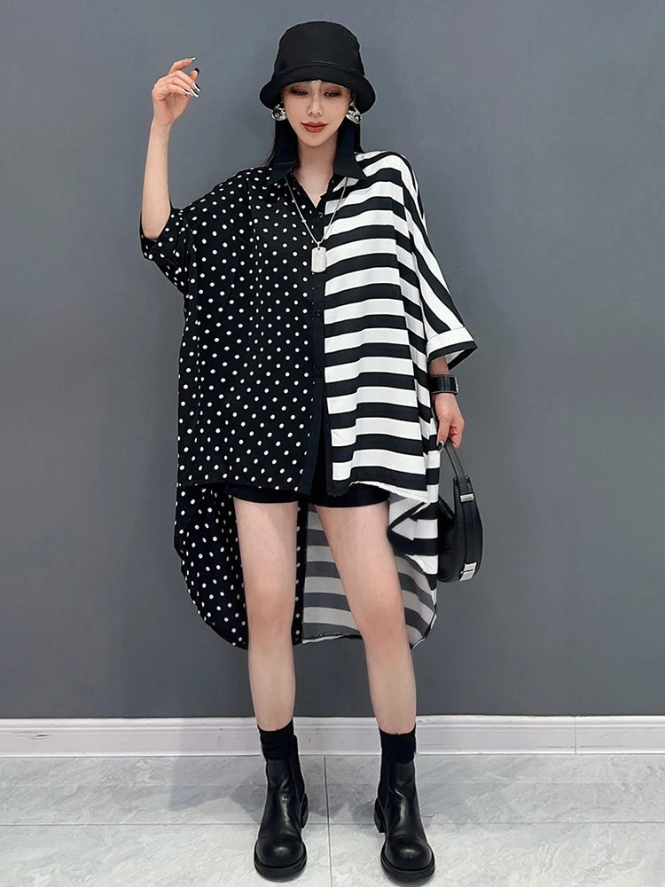 XITAO Asymmetric Casual Stripes Shirt Turn Down Collar Short Sleeved Polka Dot Patchwork Stripes Loose Women New Top LYD1783