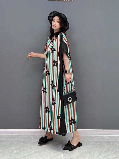 XITAO Fashion Striped Print Dress Loose Casual Simplicity Contrast Color Women T-shirt Dress Temperament Summer New ZY7275