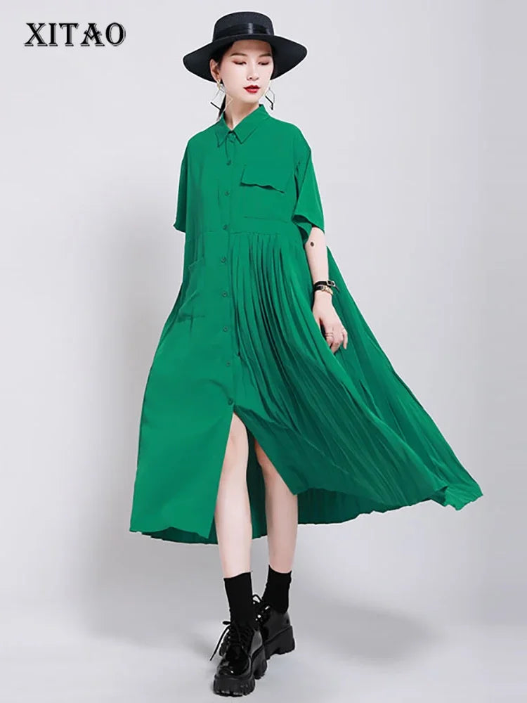 XITAO Patchwork Pleated Pocket Elegant Dress Women Clothes 2020 Summer New Fashion Turn Down Collar Loose Dresses DMY4747