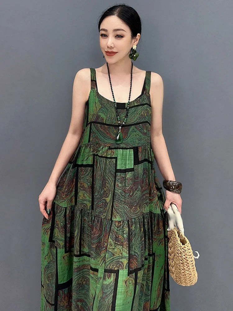 XITAO Loose Print Vintage Sling Dress Casual Temperament All-match Women Summer New Simplicity Trend Sleeveless Dress GJ1064