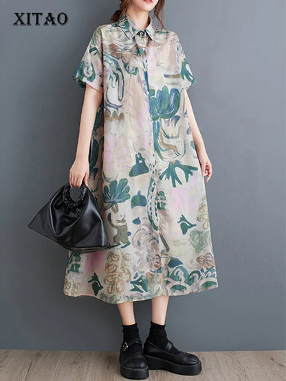 XITAO Loose Print Irregular Shirt Dress Casual Single Breasted All-match Women Summer New Simplicity Temperament Dress DMJ4170