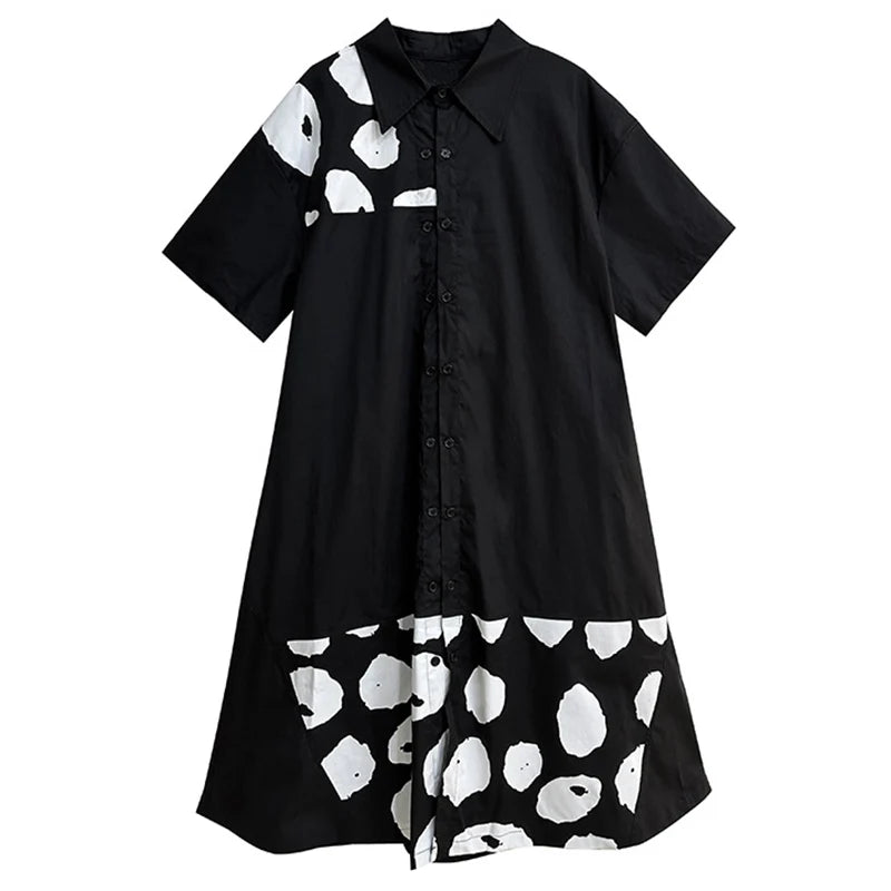 XITAO Contrast Color Print Short Sleeve A-line Dress Turn Down Collar Single Breasted Simplicity Loose Summer Dress LYD1874