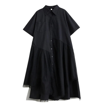 XITAO Gauze Patchwork Short Sleeve Shirt Dress Irregular Temperament Loose Casual Solid Color 2024 Women New Dress ZY8658