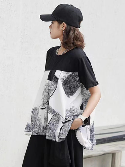 XITAO Loose Asymmetric Print Female T-shirts Casual All-match Trend Patchwork Women Summer New Simplicity O-neck Top GJ1020