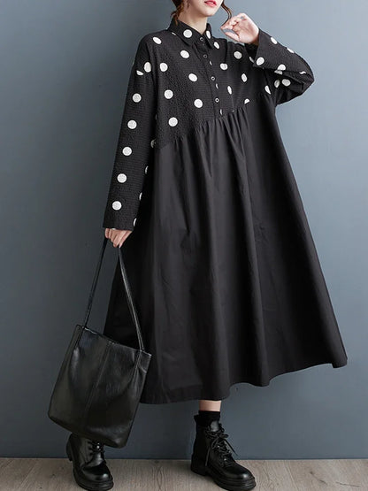 XITAO Full Sleeve Loose Dress Casual Fashion Print Dot Patchwork Vintage Turn Down Collar Women New Dress DMJ2749