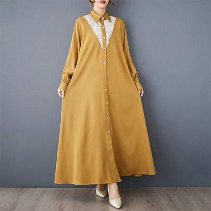 XITAO Mesh Patchwork Contrast Color Turn-down Collar Dress Casual A-line Solid Color Full Sleeve Autumn Women Dress GMM1144