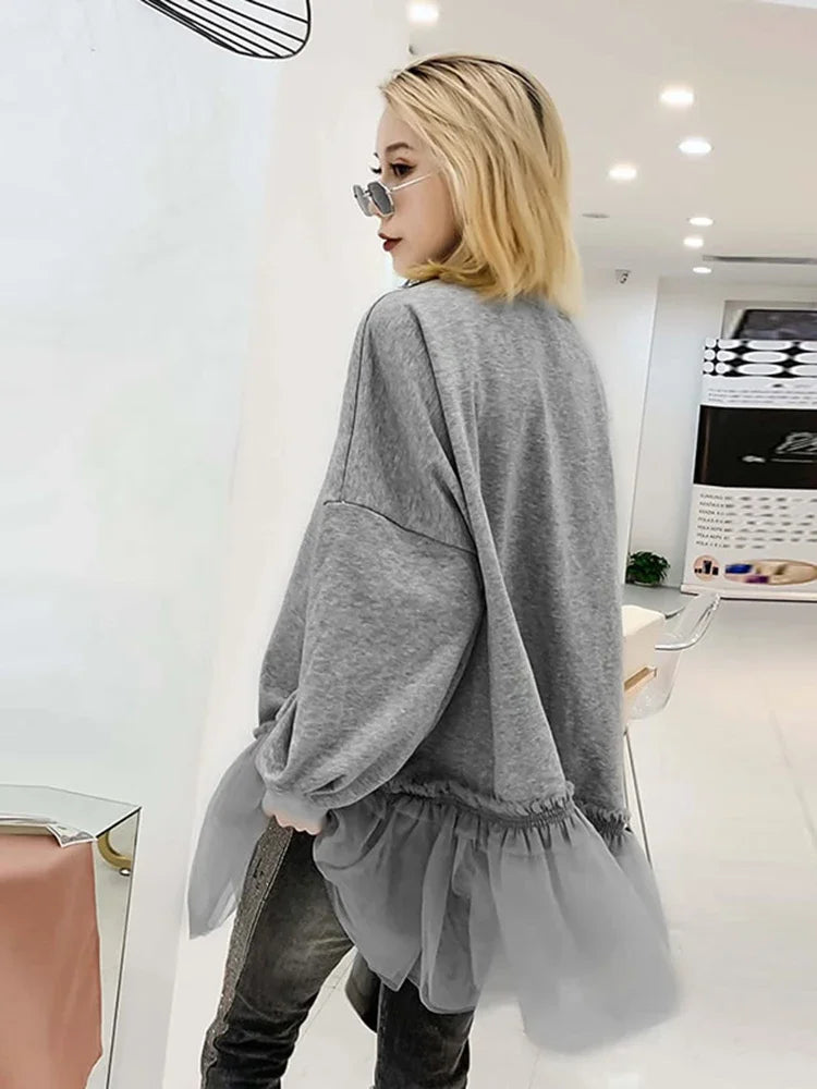 XITAO Tide Patchwork Mesh Pleated Sweatshirt Diamonds Women Clothes Elegant Fashion Pullover Top Autumn Korean  WQR1548