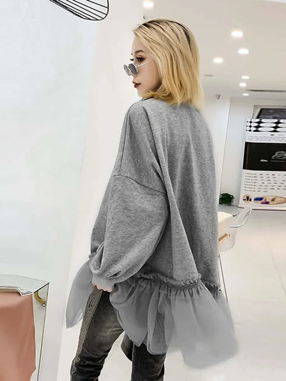 XITAO Tide Patchwork Mesh Pleated Sweatshirt Diamonds Women Clothes Elegant Fashion Pullover Top Autumn Korean  WQR1548