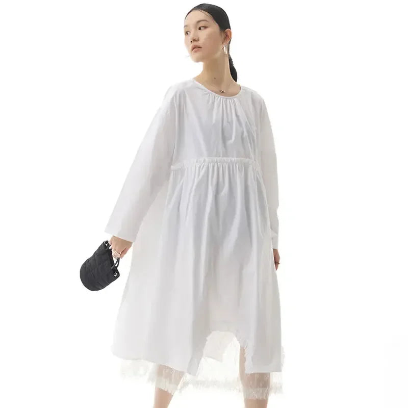 XITAO Temperament Dress Mesh Double Layer Hem Solid Color Splicing Simplicity Women Loose Fashion O-neck Collar Dress WMD4698