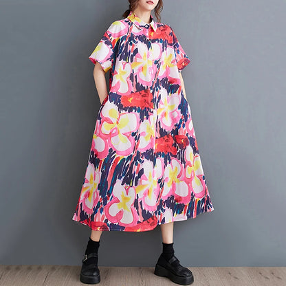 XITAO Loose Print Short Sleeve Shirt Dress Casual Slimming Single Breasted Women Summer New Irregular A-line Dress DMJ4171