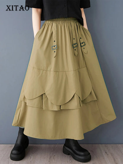 XITAO Sequined Button Pocket Asymmetrical Skirt Patchwork Elastic Waist Loose All Match Solid Color Mid-calf Skirt GMM1283