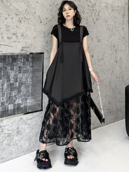 XITAO Lace Patchwork Loose Adjustable Strap Asymmetric Dresses Mid Calf Women Sleeveless Casual Dresses 2024 New GYX1051