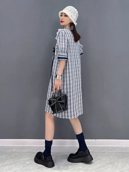 XITAO Double Breasted Plaid Dress Women Summer New Personality Fashion Loose O-neck Short Sleeve Dress WMD5991