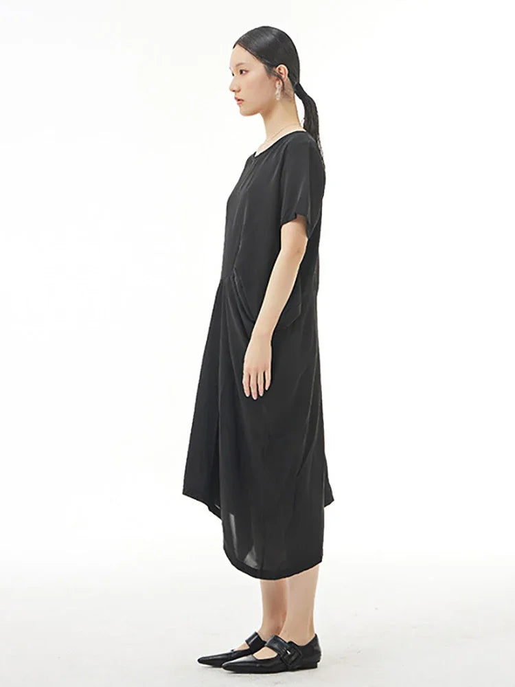 XITAO Asymmetrical Folds Splicing Dress Solid Color Temperament Simplicity O-neck Collar Casual Loose New WMD5417