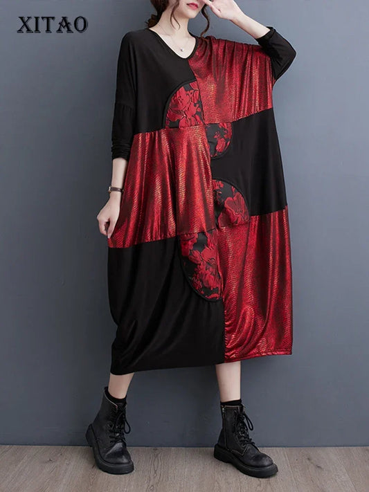 XITAO Casual Vintage Dress Fashion Asymmetrical Contrast Color Print Women Long Sleeve T-shirt Dress Spring New DMJ3102