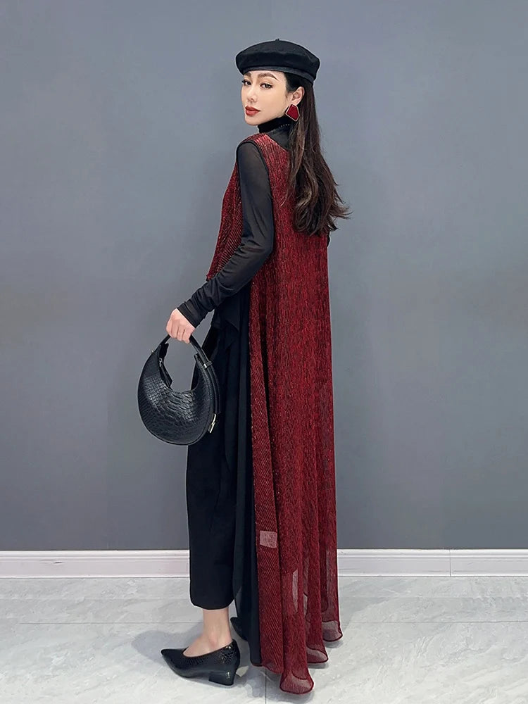 XITAO Sleeveless Long Vest Contrasting Colors Patchwork Chiffon Irregular Elegance Summer Fashion Women New Coat LYD1794