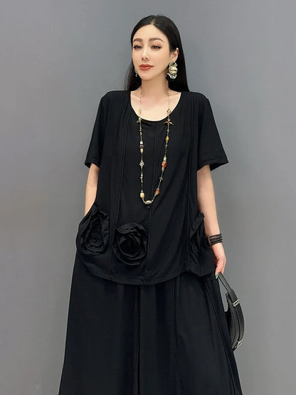 XITAO Black Women Sets Fashion Three-dimensional Flower Decoration T-shirt Casual Skirt Two Pieces Sets Summer New ZY8818