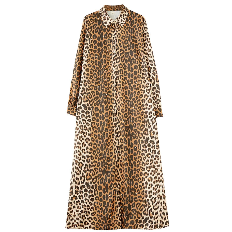 XITAO Leopard Print Single Breasted Shirt Dress Turn-down Collar Patchwork Long Sleeve Loose Ankle-Length Casual Dress GMM1255