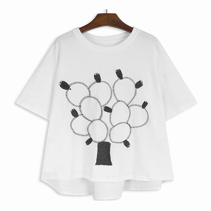 XITAO Embroidered Balloon Round Neck T-shirt Short Sleeved Loose Casual All Match Fashion Summer Women New Top LYD1819