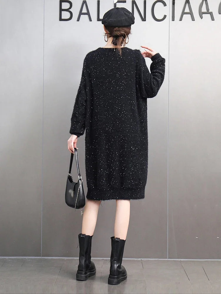 XITAO Sequin Patchwork Tassels Pullover Knitting Dress Solid Color Loose Casual Personality Temperament Slimming Dress GMM1339