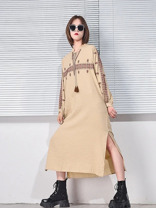 XITAO Drawstring Embroidery Dress Spring Women Fashion Small Fresh Neck Pullover Elegant Minority Vintage Dress LJT4191