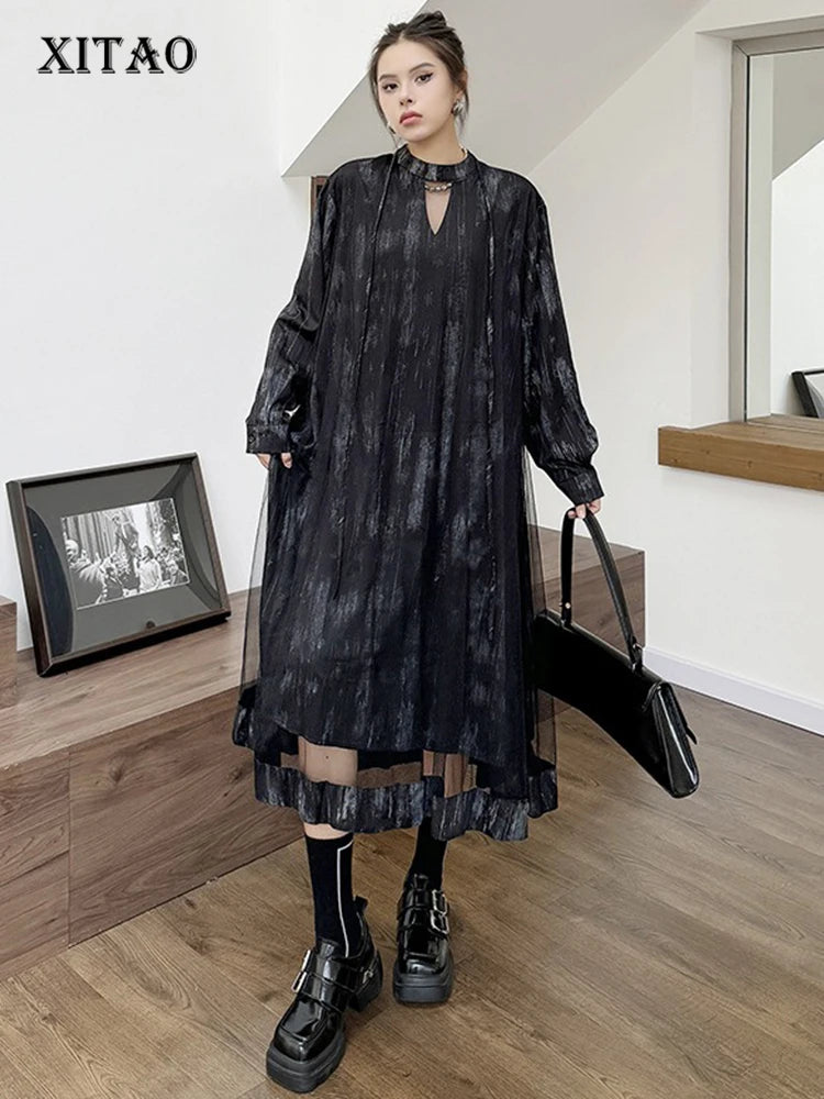 XITAO Gauze Patchwork Long Sleeve Female Dress Fashion Irregular V-neck Women Autumn New Simplicity Casual Dress 2024 GYX1001