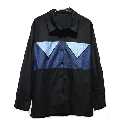 XITAO Casual Solid Color Patchwork Denim Blouse Turn-down Collar Full Sleeve Contrast Color Fashion Autumn Women Shirt GMM1135