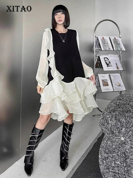 XITAO Gauze Patchwork Contrast Color O-neck Dress Pullover Long Sleeve Loose Slimming Temperament Dresses 2024 Autumn HQQ2416