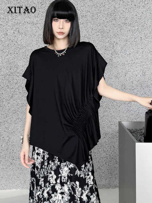 XITAO O-neck Irregular Solid Color T-shirt Fashion Loose Casual Simplicity Pleated Women Summer All-match Top ZY8838