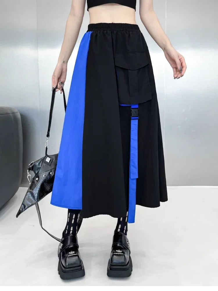 XITAO Contrast Color Patchwork Dress Sets Zipper Turn-down Collar Tops Elastic Waist Pocket Mid-calf Casual Skirts Autumn LJ1025