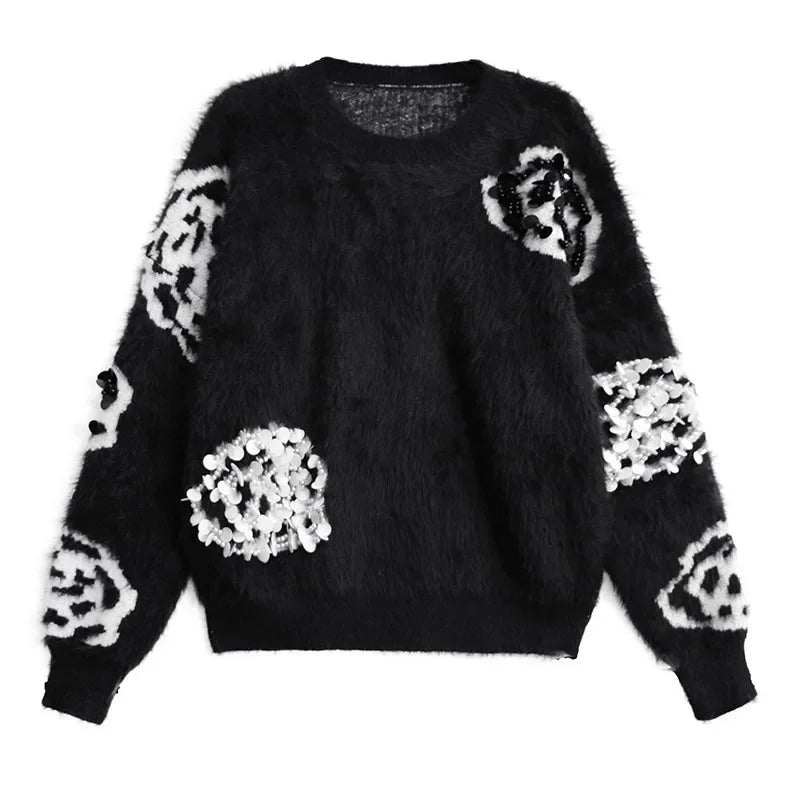 XITAO Autumn New Flower Solid Sweater Elegant Loose Full Sleeve Pullover Sequined O-neck Temperament Women Sweater ZYY1021