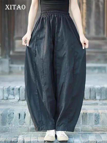 XITAO Loose Casual Literature Female Wide Leg Pants Elastic Waist All Match Autumn Solid Color Simplicity Women Pants ZYY1045