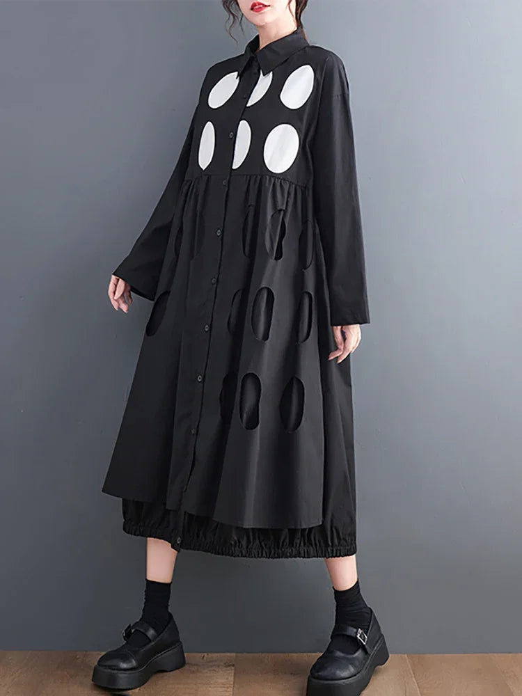 XITAO Hollow Out Dot Print Geometric Shirt Dress Solid Color Turn-down Collar Single Breasted Loose 2024 Spring Summer DMJ2333