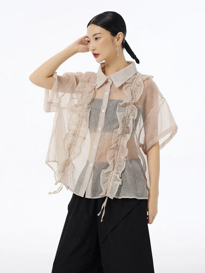 XITAO Perspective Gauze Shirt Fashion Drawstring Edible Tree Fungus Decorate Top Sexy Loose Women Shirt Summer New DMJ4163