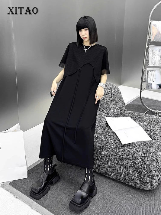 XITAO Split Grid Pullover Solid Color Dresses O-neck Short Sleeve Loose Slimming Casual Dress 2024 Summer Fashion New DMJ4115