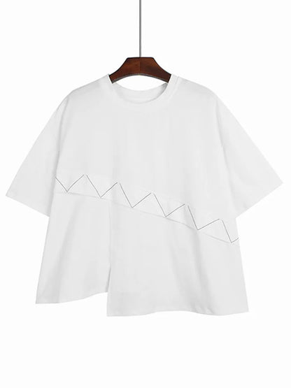 XITAO Patchwork Geometric Asymmetrical T-shirts O-neck Solid Color Short Sleeve Loose Casual Tops 2024 Summer All Match GJ1018