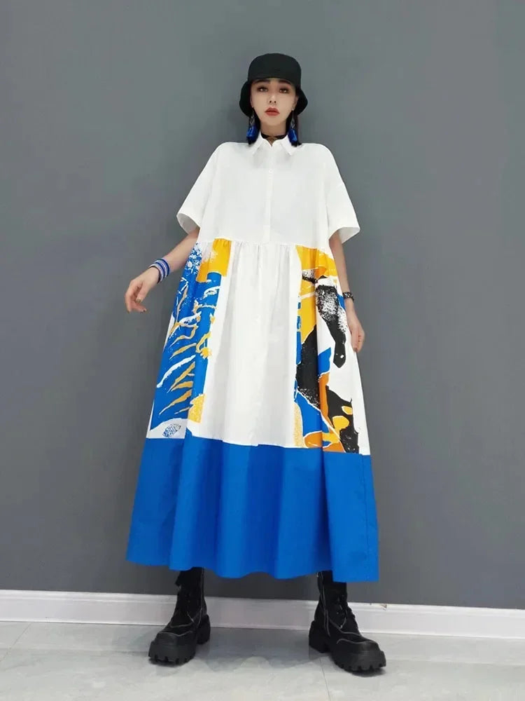 XITAO Print Patchwork Casual Dress Women Tide Fashion New Korean Style Turn Down Collar Short Sleeve Elegant Draped CLL1453