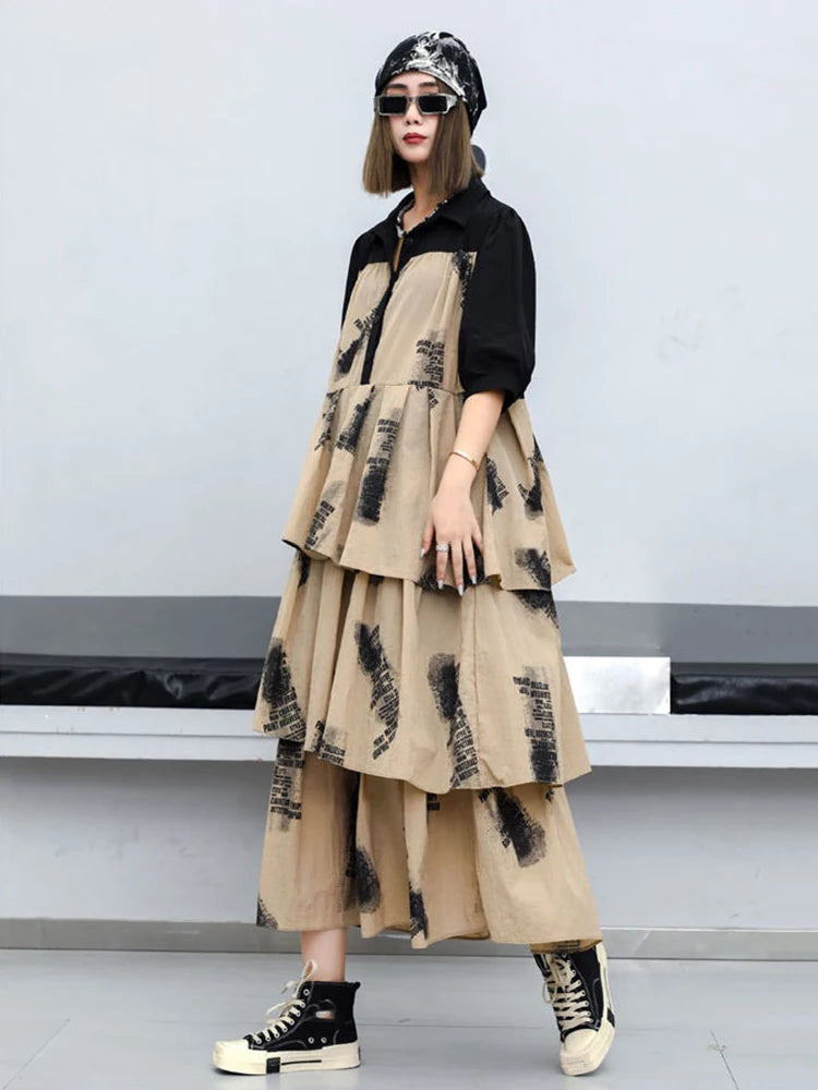 XITAO False Two Pieces Pleated Shirt Dress Contrast Color Patchwork Long Sleeve Multi Layer Ruffle Edge Hem Spring New HQQ2278