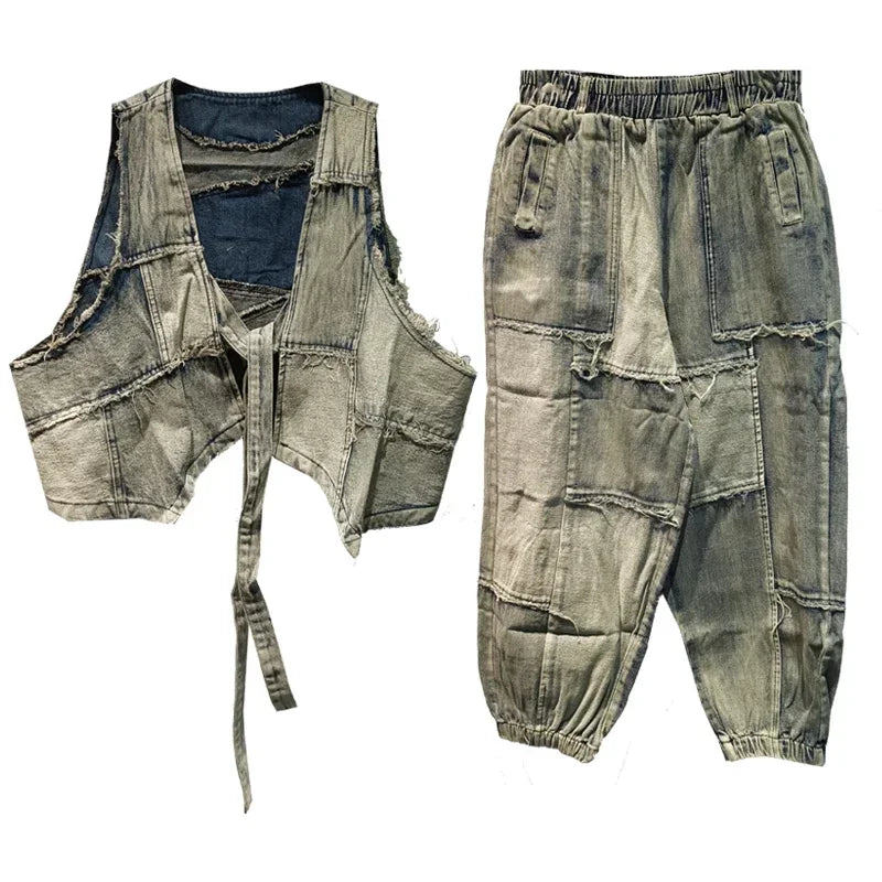 XITAO Vintage Denim Pants Sets Irregular Sleeveless Vest Harem Pants Two Pieces Sets Fashion 2024 Summer New Women SMH1630