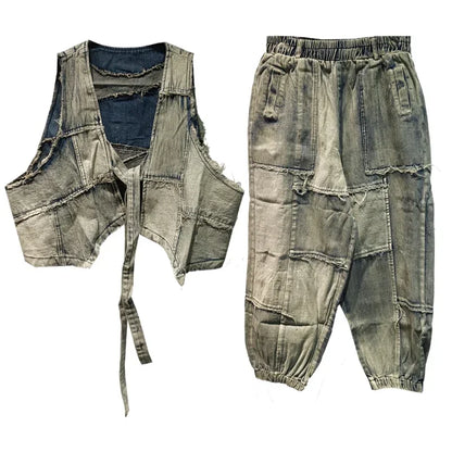 XITAO Vintage Denim Pants Sets Irregular Sleeveless Vest Harem Pants Two Pieces Sets Fashion 2024 Summer New Women SMH1630