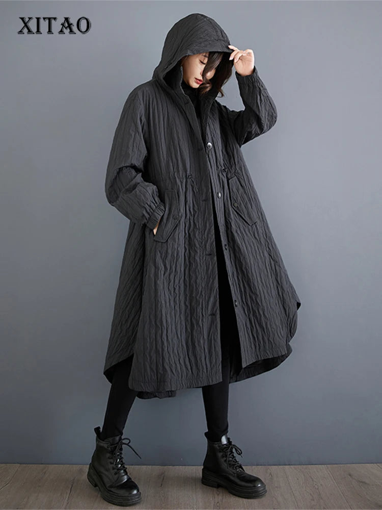 XITAO Solid Color Loose Hooded Trench Coat Europe Single Breasted Draw Rope Sliming Full Sleeve Fashion Mid-calf Trench ZYY1100