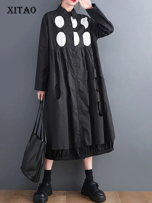 XITAO Hollow Out Dot Print Geometric Shirt Dress Solid Color Turn-down Collar Single Breasted Loose 2024 Spring Summer DMJ2333