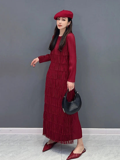 XITAO Elegant Tassel Female Dress Solid Color Casual O-Collar Full Sleeve Temperament Loose Spring Fashion Women Dress LYD1608