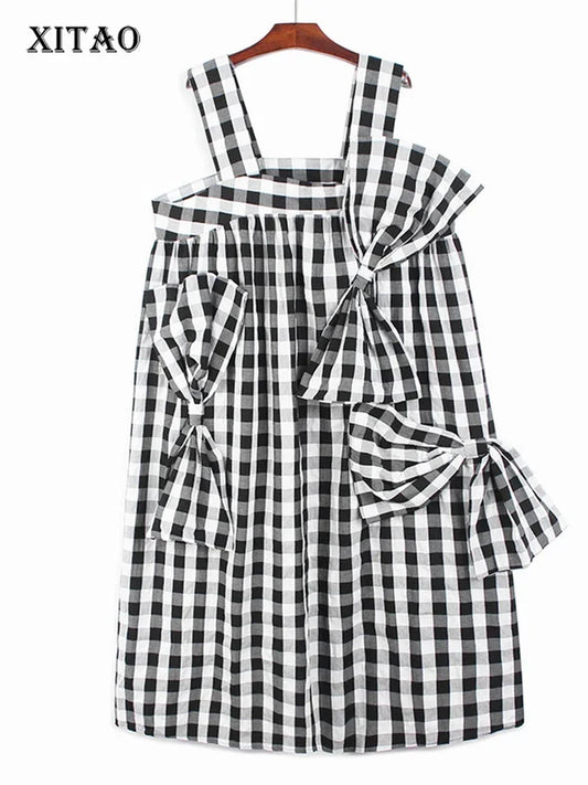 XITAO Strapless Dress Fashion Bow Small Fresh Pullover Goddess Fan Plaid Goddess Fan Casual Style Summer Loose Dress WLD7014