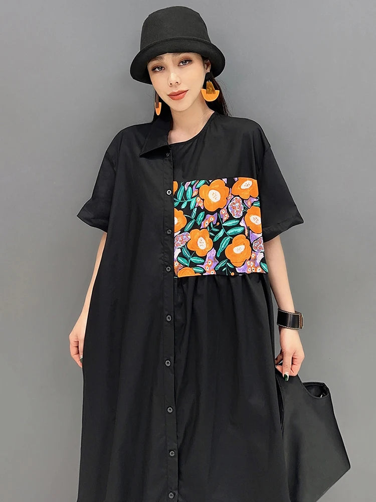 XITAO Loose Asymmetric Shirt Dress Fashion Patchwork Print Women Summer New Casual Irregular Single Breasted Dress DMJ4093