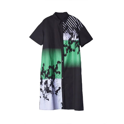 XITAO Loose Print Female Dress Personality Fashion Women Summer New Short Sleeve Simplicity Turn-down Collar Shirt Dress WMD4675